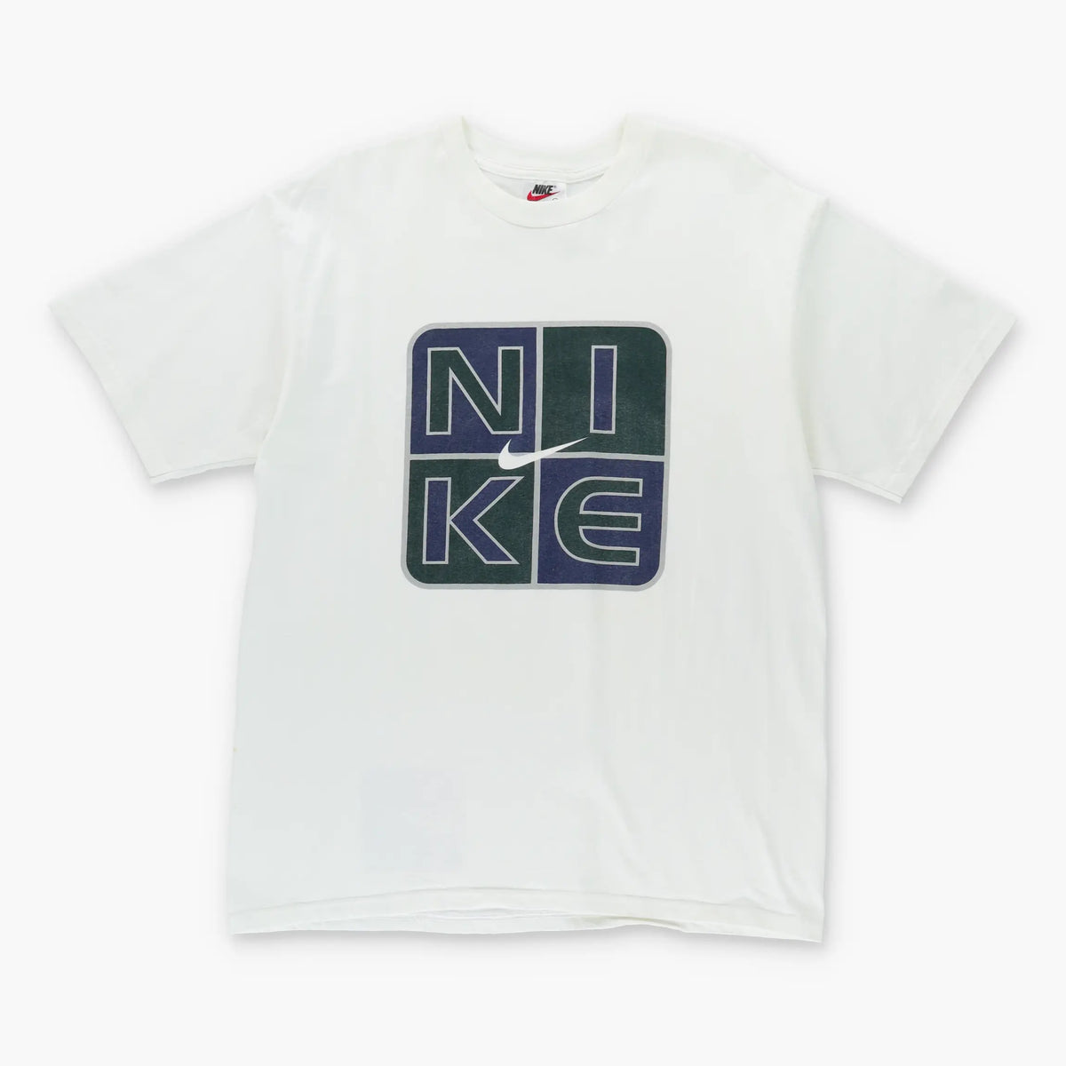 Vintage NIKE Y2K Centre Swoosh Square Logo Glitter Print Colour Block White T-Shirt (L)
