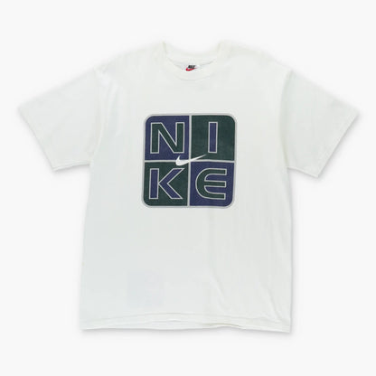 Vintage NIKE Y2K Centre Swoosh Square Logo Glitter Print Colour Block White T-Shirt (L)