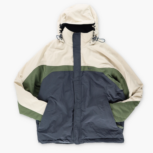 NIKE Embroidered Swoosh Logo 3-Tone Zip Up Hooded Puffer Jacket (L)