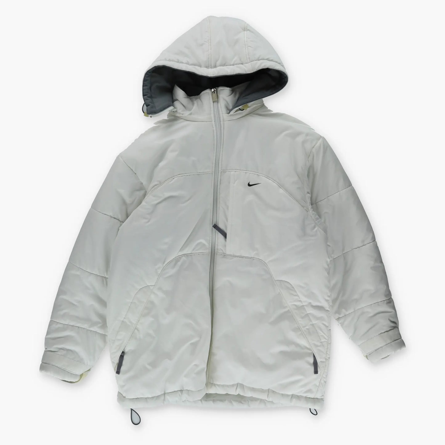 NIKE Embroidered Swoosh Logo White & Black Hooded Puffer Jacket (S) - Vintage Sole Melbourne