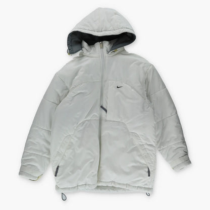 NIKE Embroidered Swoosh Logo White & Black Hooded Puffer Jacket (S) - Vintage Sole Melbourne