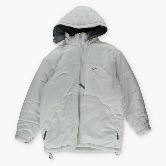 NIKE Embroidered Swoosh Logo White & Black Hooded Puffer Jacket (S)