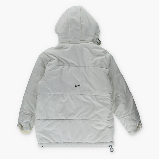 NIKE Embroidered Swoosh Logo White & Black Hooded Puffer Jacket (S)