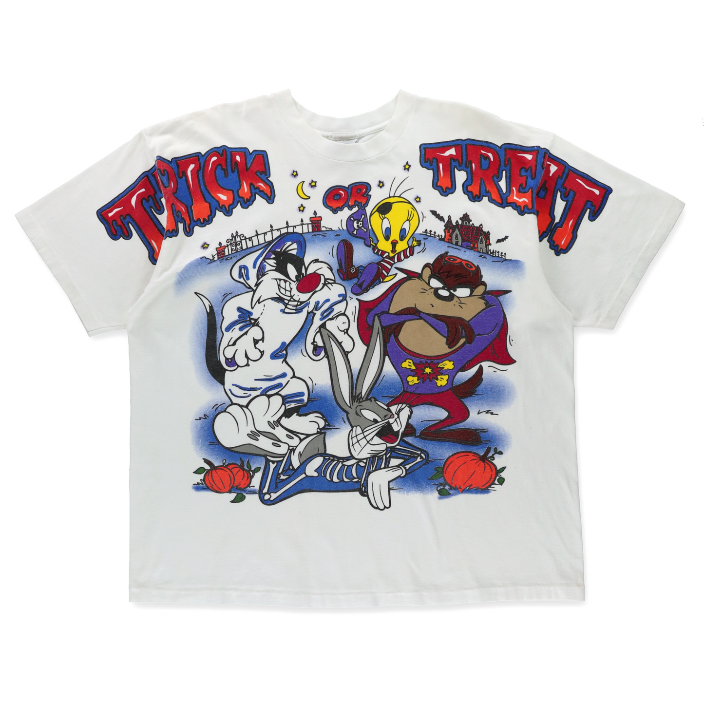 LOONEY TUNES "Trick Or Treat" Single Stitch Halloween All Over Print White T-Shirt (XXL)