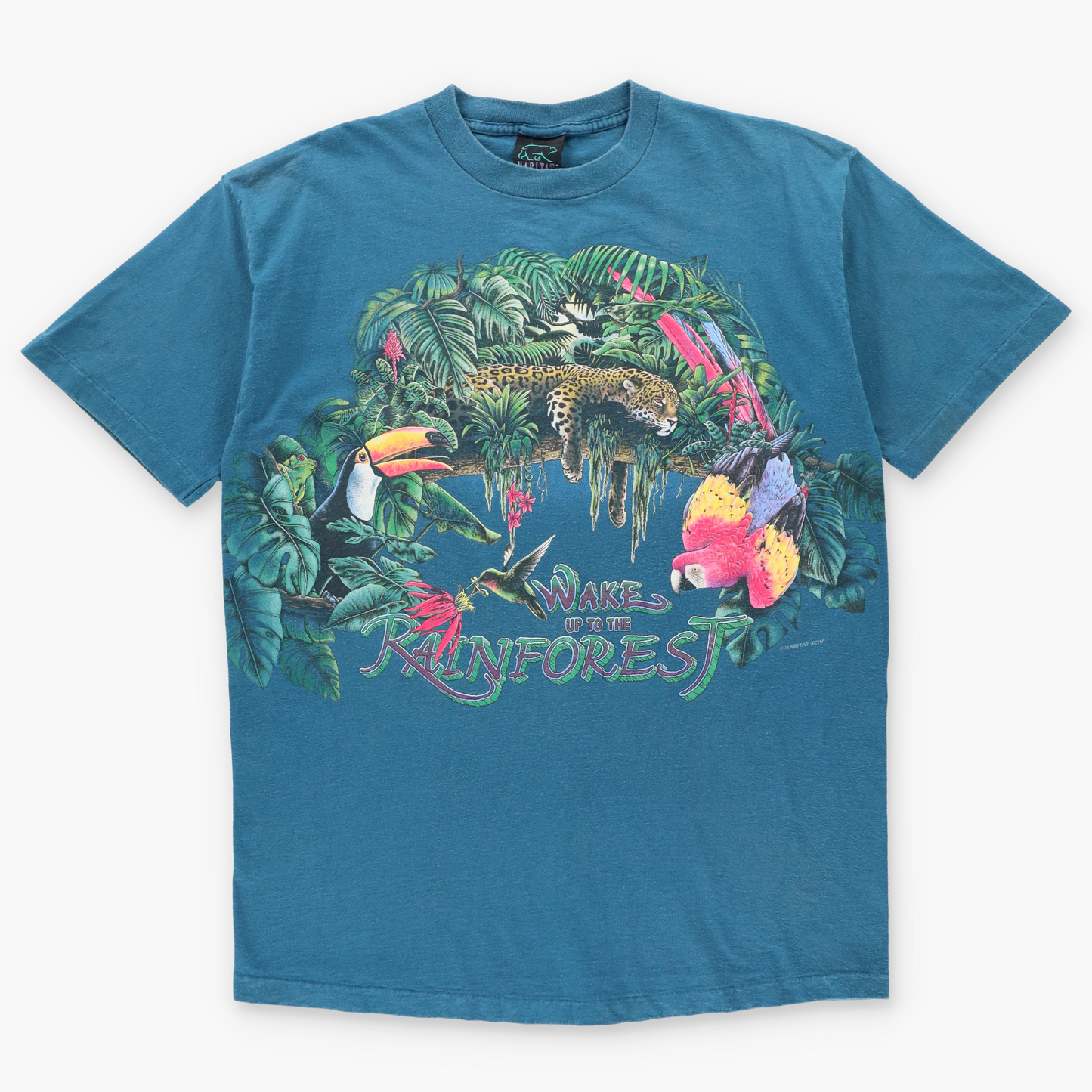 HABITAT Double Sided "Wake Up To The Rainforest" Teal Single Stitch T-Shirt (L)