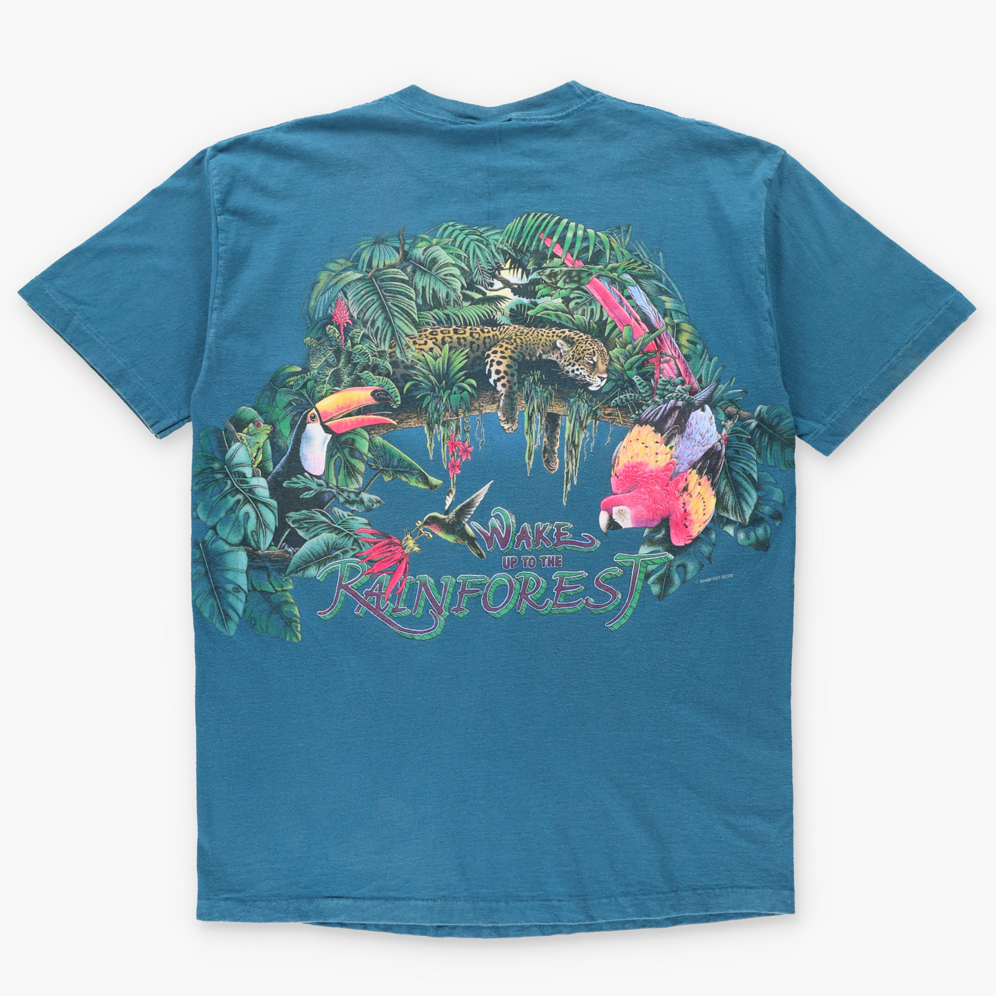 HABITAT Double Sided "Wake Up To The Rainforest" Teal Single Stitch T-Shirt (L)