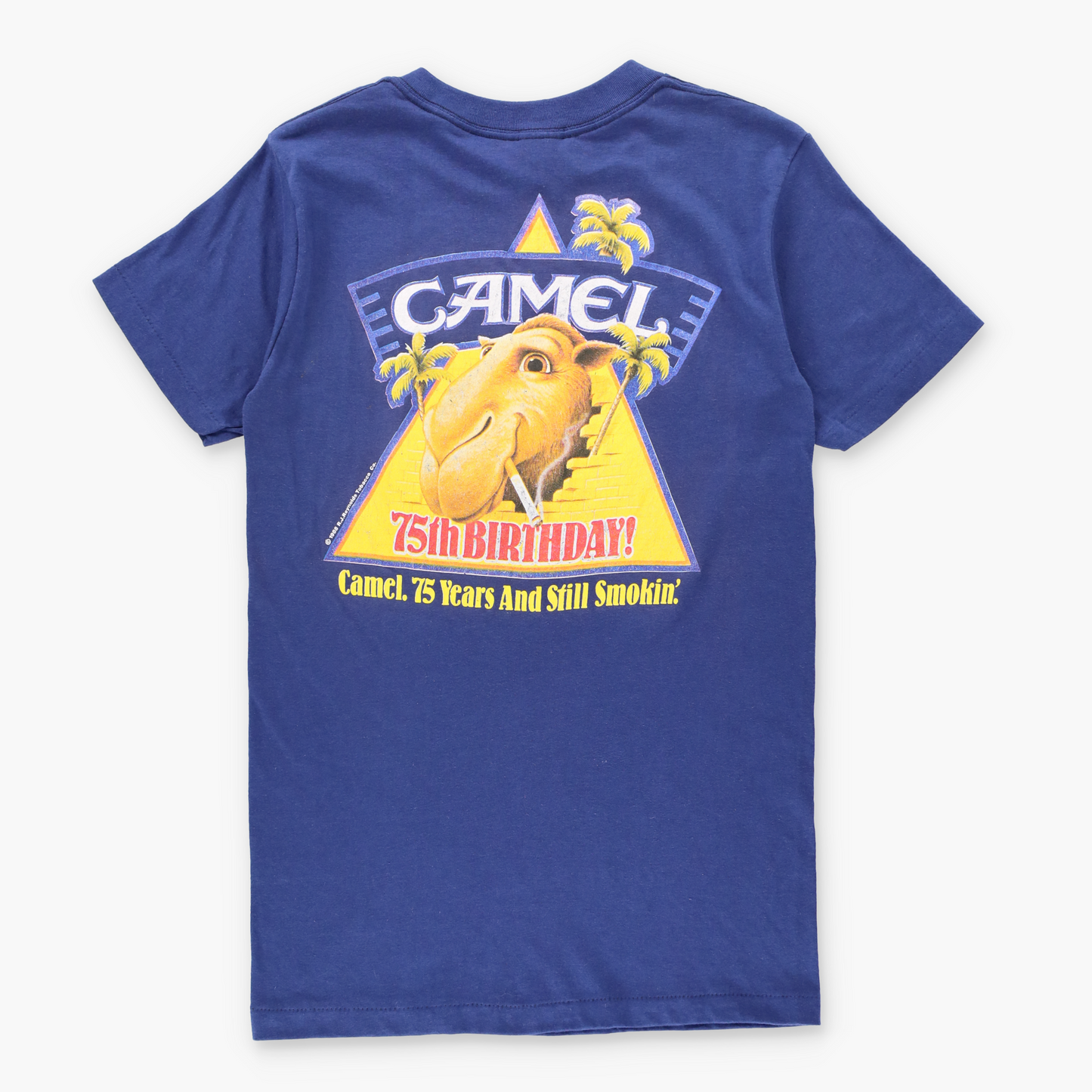 Vintage 1988 Camel Cigarettes "75 Years And Still Smokin'" Blue Single Stitch Slim Fit Tee USA Made (S)