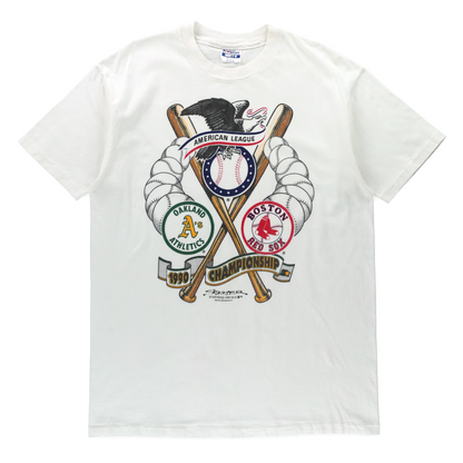 Vintage 1990 American League Oakland vs Boston White MLB Single Stitch Tee USA Made (L TALL)