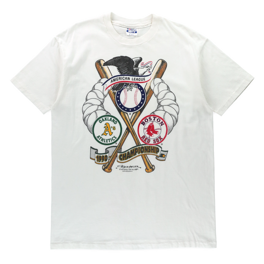 Vintage 1990 American League Oakland vs Boston White MLB Single Stitch Tee USA Made (L TALL)