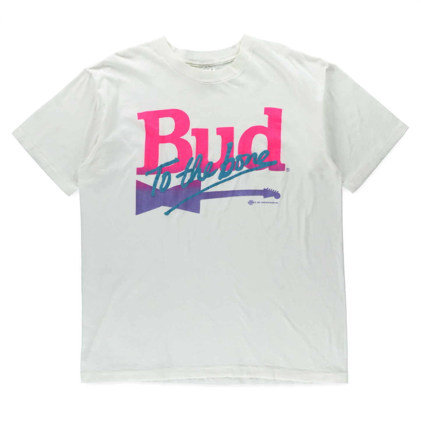 Vintage 1991 Neon "Bud To The Bone" Puff Print & Guitar White Single Stitch Tee USA Made (L-XL)