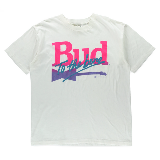 Vintage 1991 Neon "Bud To The Bone" Puff Print & Guitar White Single Stitch Tee USA Made (L-XL)