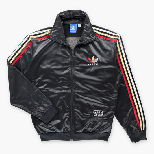 ADIDAS 'Chile 62' Red & Gold Embroidered Shimmer Trefoil Logo Wet-Look Black Track Jacket (L)