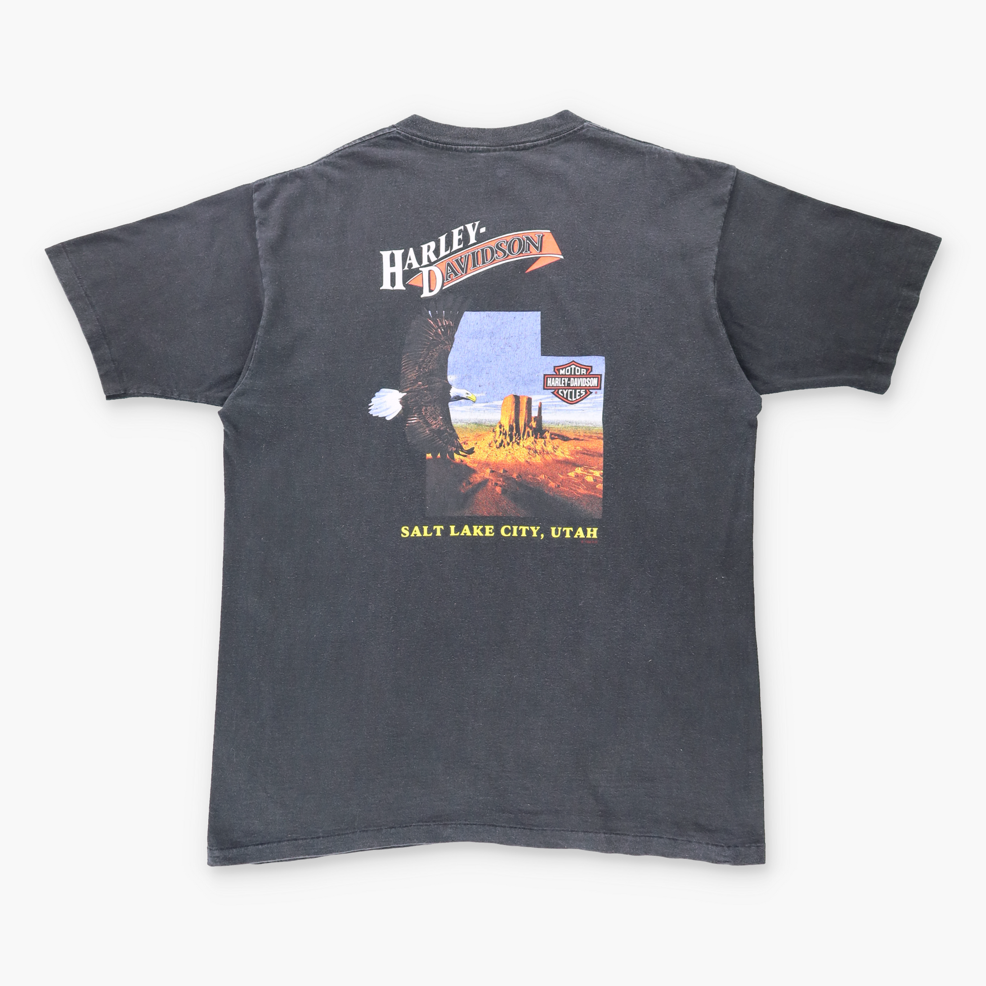 Vintage 1996 HARLEY DAVIDSON 'Salt Lake City' Utah Eagle Single Stitch USA Made Black T-Shirt (XL) Vintage Sole Melbourne