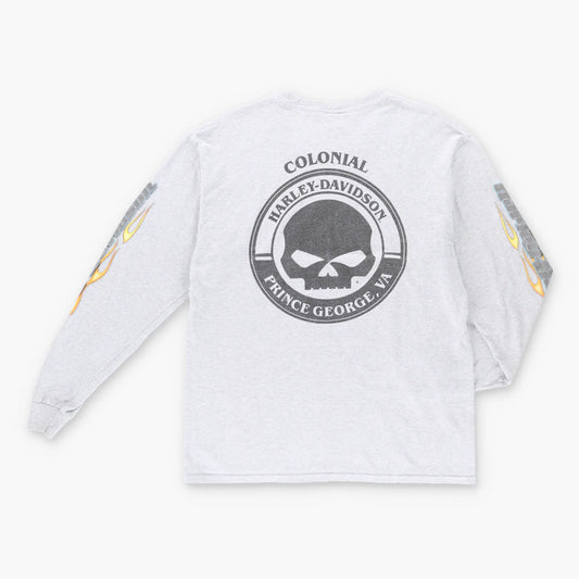 Vintage HARLEY DAVIDSON Flame Skull Grey Long Sleeve T-Shirt (L)