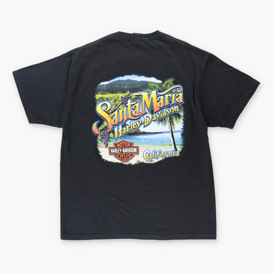 Vintage HARLEY DAVIDSON California Beach Destination Black USA Made Motorcycle T-Shirt (XL)