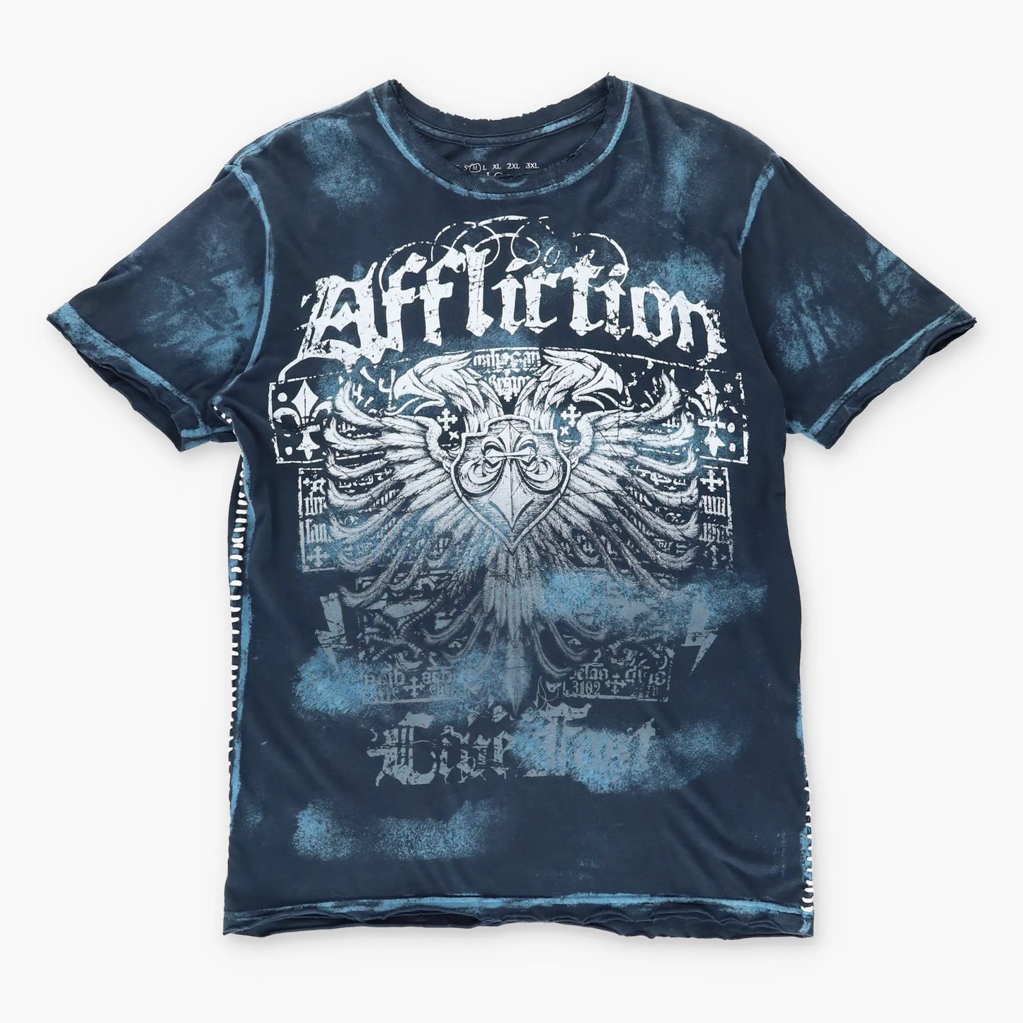 Vintage AFFLICTION Y2K Whipstitch Grunge Skull USA Made Blue T-Shirt (M)