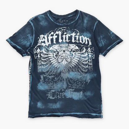 Vintage AFFLICTION Y2K Whipstitch Grunge Skull USA Made Blue T-Shirt (M)