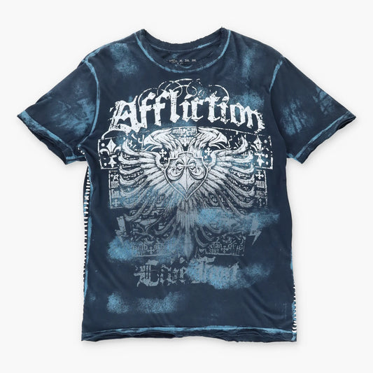 Vintage AFFLICTION Y2K Whipstitch Grunge Skull USA Made Blue T-Shirt (M)