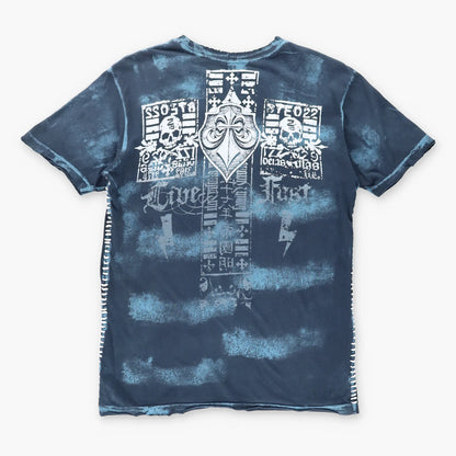 Vintage AFFLICTION Y2K Whipstitch Grunge Skull USA Made Blue T-Shirt (M)