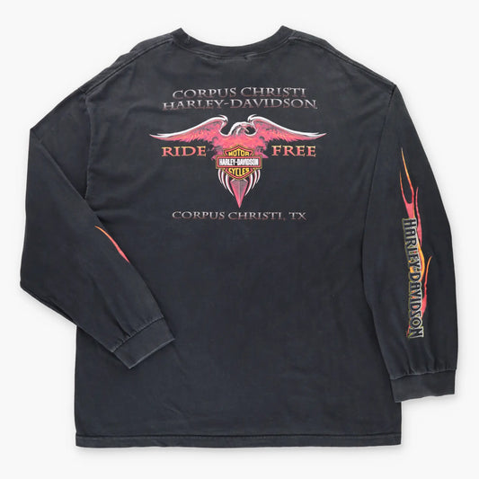Vintage HARLEY DAVIDSON "Ride Free" Corpus Christi Texas Black Long Sleeve Tee (XXL)