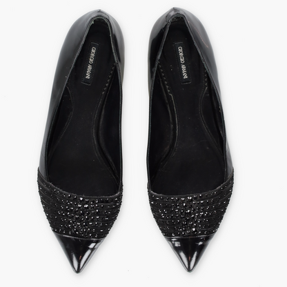 GIORGIO ARMARNI Patent Embellished Italy Made Black Flats (38)