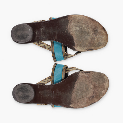 FENDI Italian Made Turquoise & Brown Flat Leather Sandals (39.5)