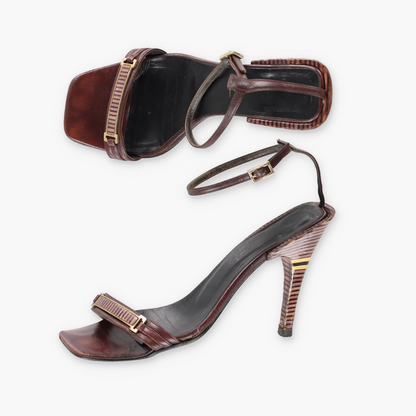 GUCCI Italian Made Strappy Brown Striped Sandal Heels (6.5)
