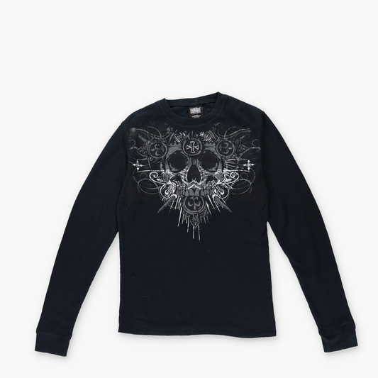 MMA ELITE Y2K Punk Grunge Skull Cross Graphic Black Thermal Long Sleeve (S)