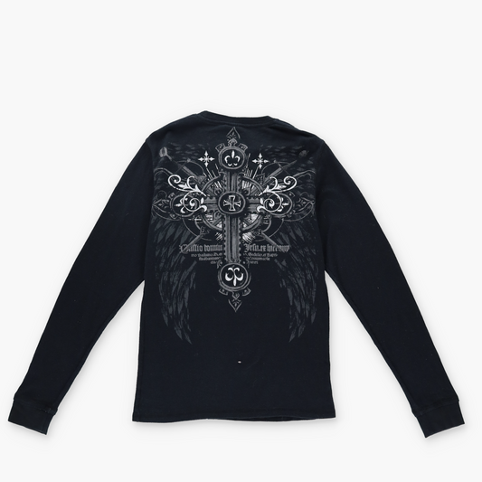 MMA ELITE Y2K Punk Grunge Skull Cross Graphic Black Thermal Long Sleeve (S)