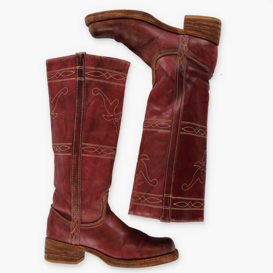 Frye Style 'USA Made' Bootleg Longhorn Stitched 70s Red Campus Boots (8)