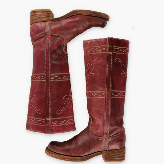 Frye Style 'USA Made' Bootleg Longhorn Stitched 70s Red Campus Boots (8)