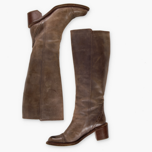 CHLOE 'ITALY Made' Leather Knee High Mid Heel Brown Detailed Leather Boot (36.5)