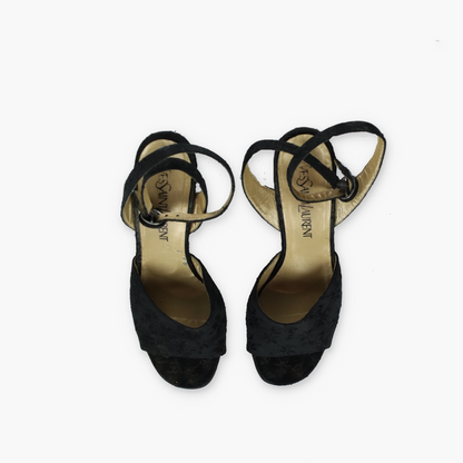 YVES SAINT LAURENT YSL Embroidered Open Toe Strappy Black Wedges Heels (6.5)