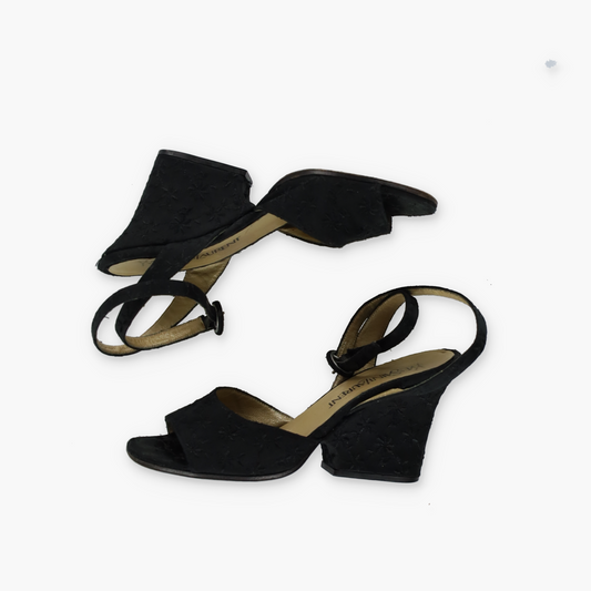 YSL 'ITALY Made' Embroidered Open Toe Strappy Black Wedges Heels (6.5)