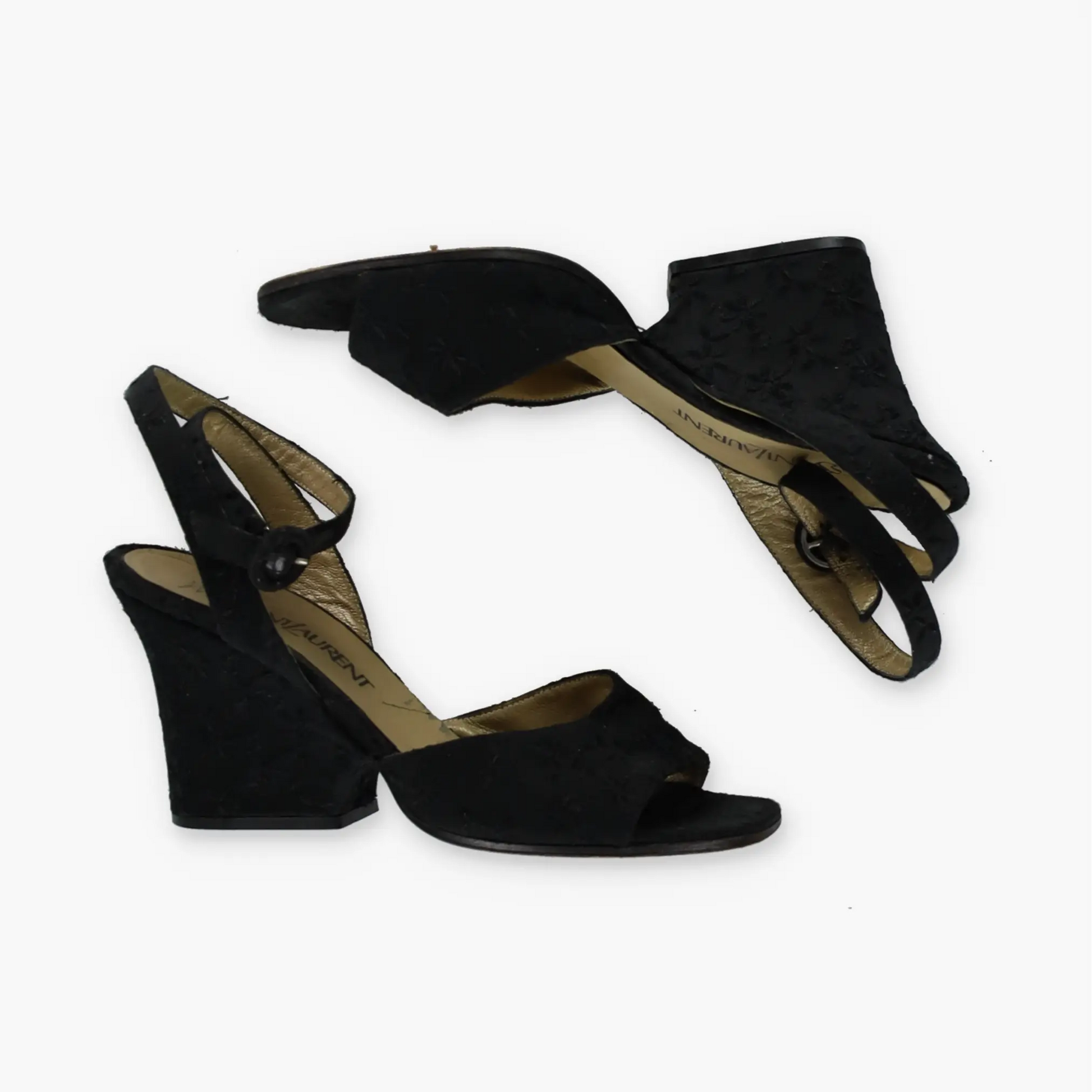 YVES SAINT LAURENT YSL Embroidered Open Toe Strappy Black Wedges
