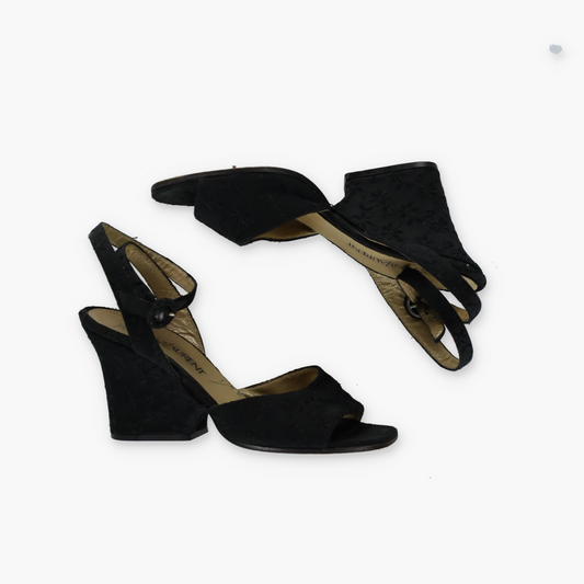 YSL 'ITALY Made' Embroidered Open Toe Strappy Black Wedges Heels (6.5)