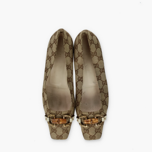 GUCCI 'ITALY Made' Monogram Bamboo Horse-Bit Pointed Toe Flats (40C)