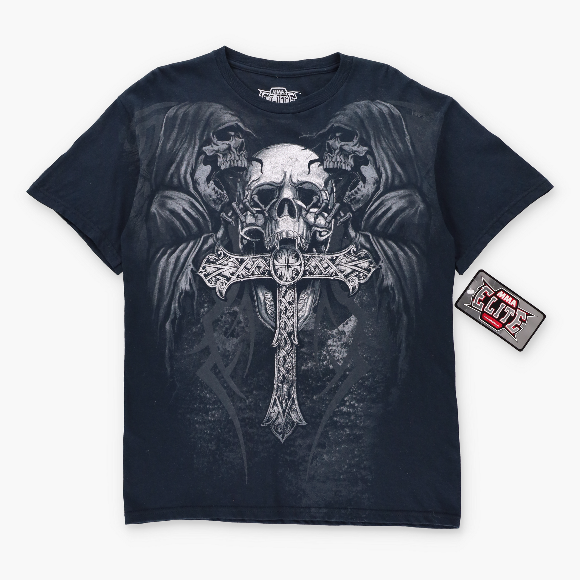 Vintage MMA ELITE Grim Reaper & Glitter Cross Skull Black Y2K Tee With Original Tags (M TALL) ***COCO Vintage Sole Melbourne