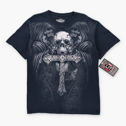 Vintage MMA ELITE Grim Reaper & Glitter Cross Skull Black Y2K Tee With Original Tags (M TALL) ***COCO Vintage Sole Melbourne