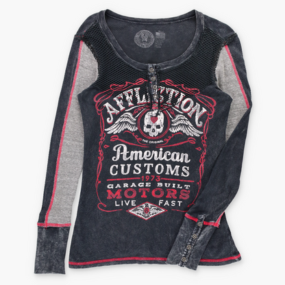 AFFLICTION 'American Customs' Vintage Y2K 1/4 Button USA Made Mesh Detail Long Sleeve Tee (Women's S) ***COCO Vintage Sole Melbourne