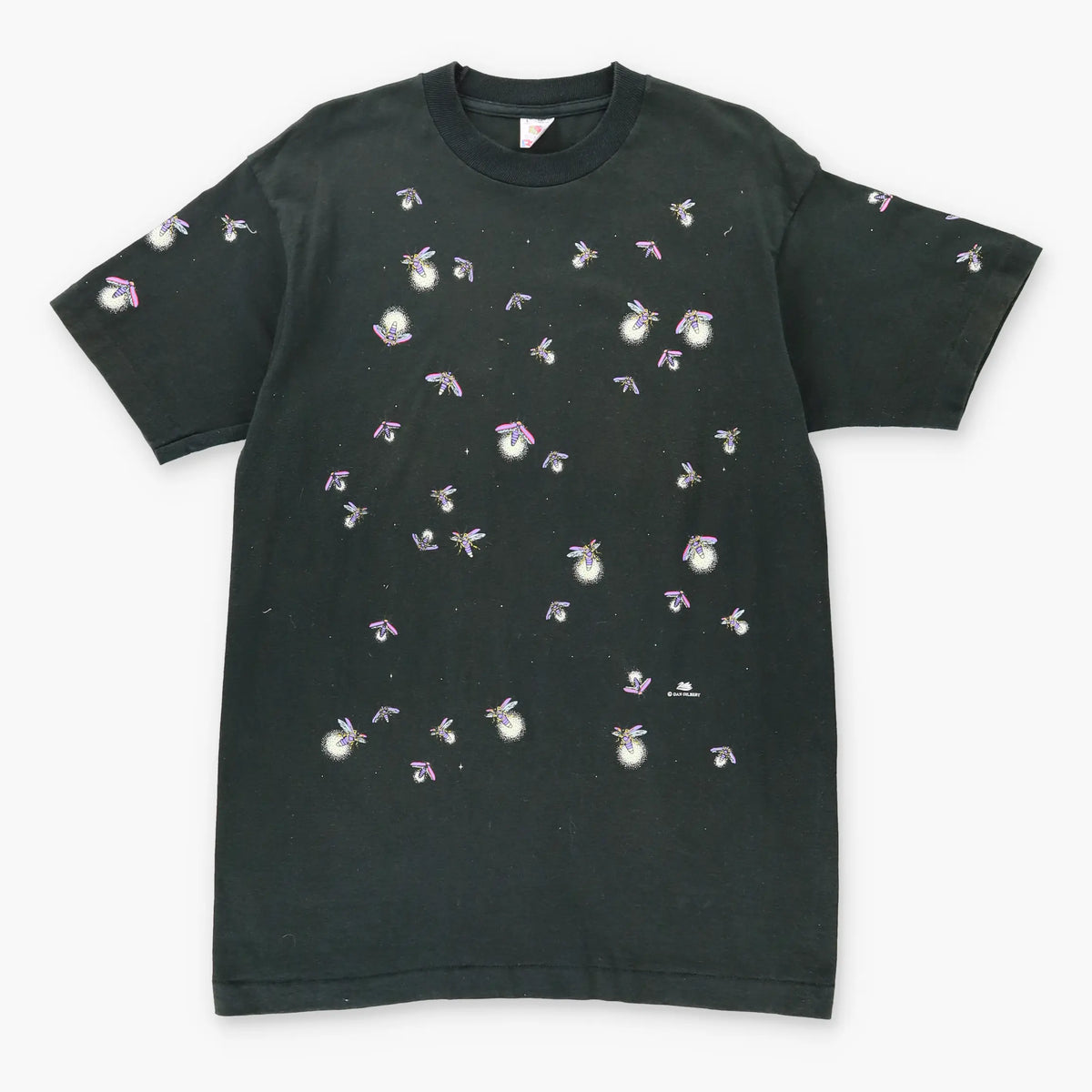 Vintage 90's DAN GILBERT Firefly Bug All Over Print USA Made Black T-Shirt (L)