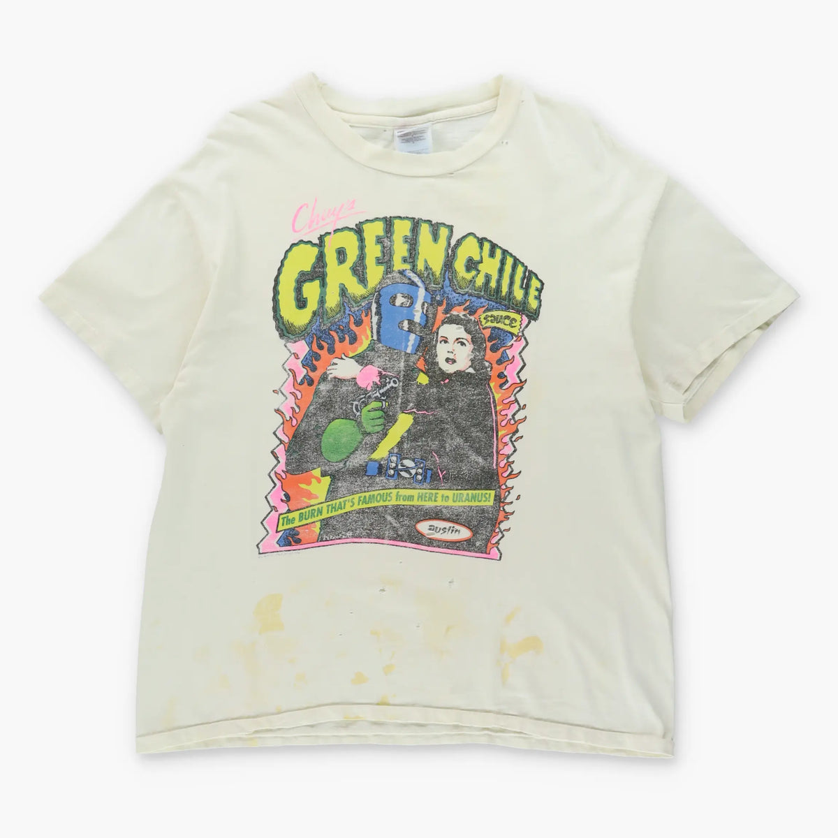 Vintage GREEN CHILE SAUCE 'From Here To Uranus' Comedy USA Made Distressed Retro T-Shirt (XL)
