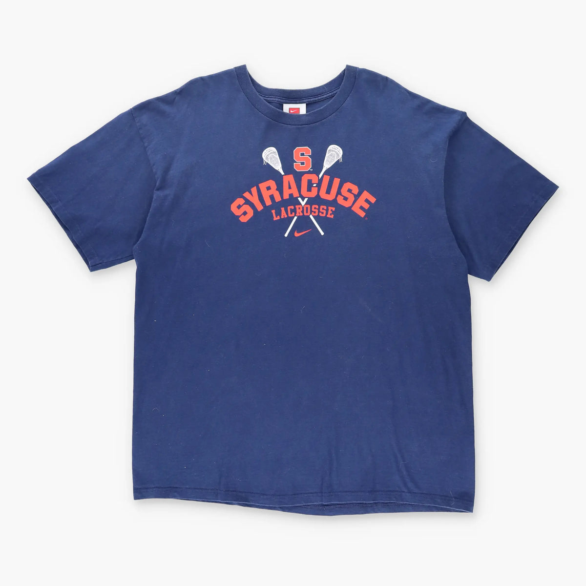 Vintage NIKE S Syracuse Lacrosse Swoosh Logo Navy & Orange Varsity T-Shirt (XL)