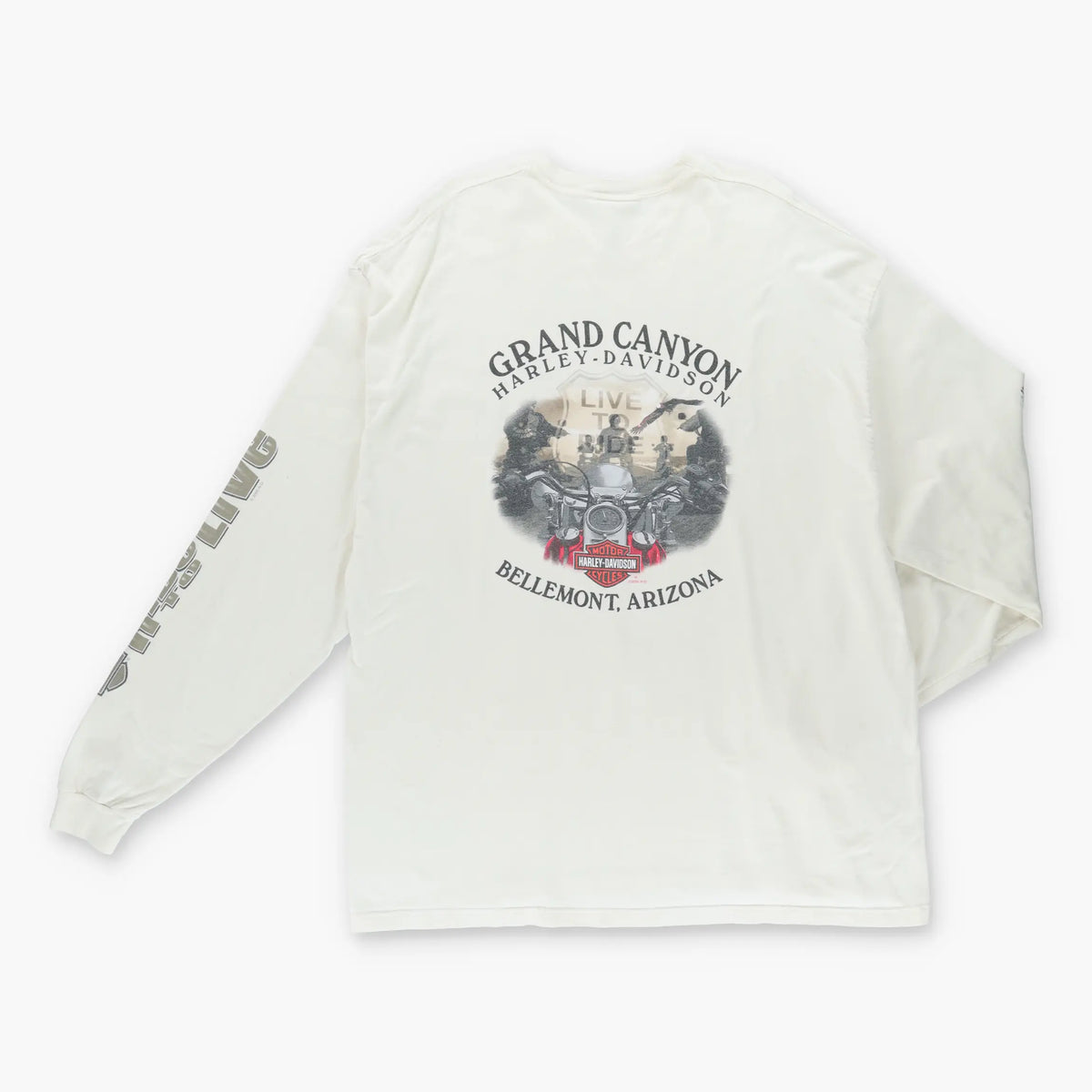 Vintage HARLEY DAVIDSON Y2K Arizona Cream & Grey USA Made Motorcycle Long Sleeve T-Shirt (3XL)