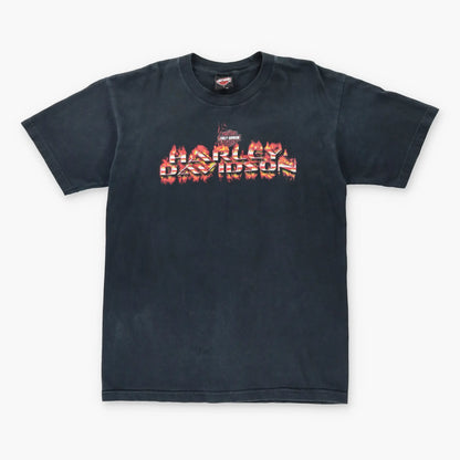 Vintage HARLEY DAVIDSON Y2K Flame Logo Oregon USA Made Black Motorcycle T-Shirt (L)