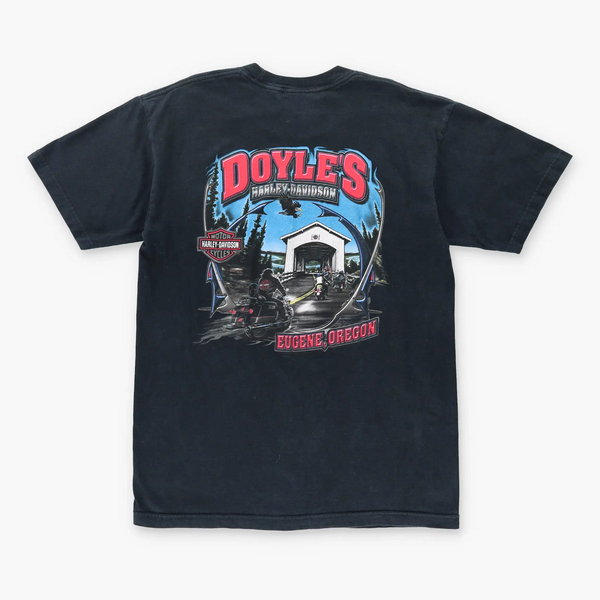 Vintage HARLEY DAVIDSON Y2K Flame Logo Oregon USA Made Black Motorcycle T-Shirt (L)