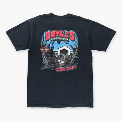 Vintage HARLEY DAVIDSON Y2K Flame Logo Oregon USA Made Black Motorcycle T-Shirt (L)