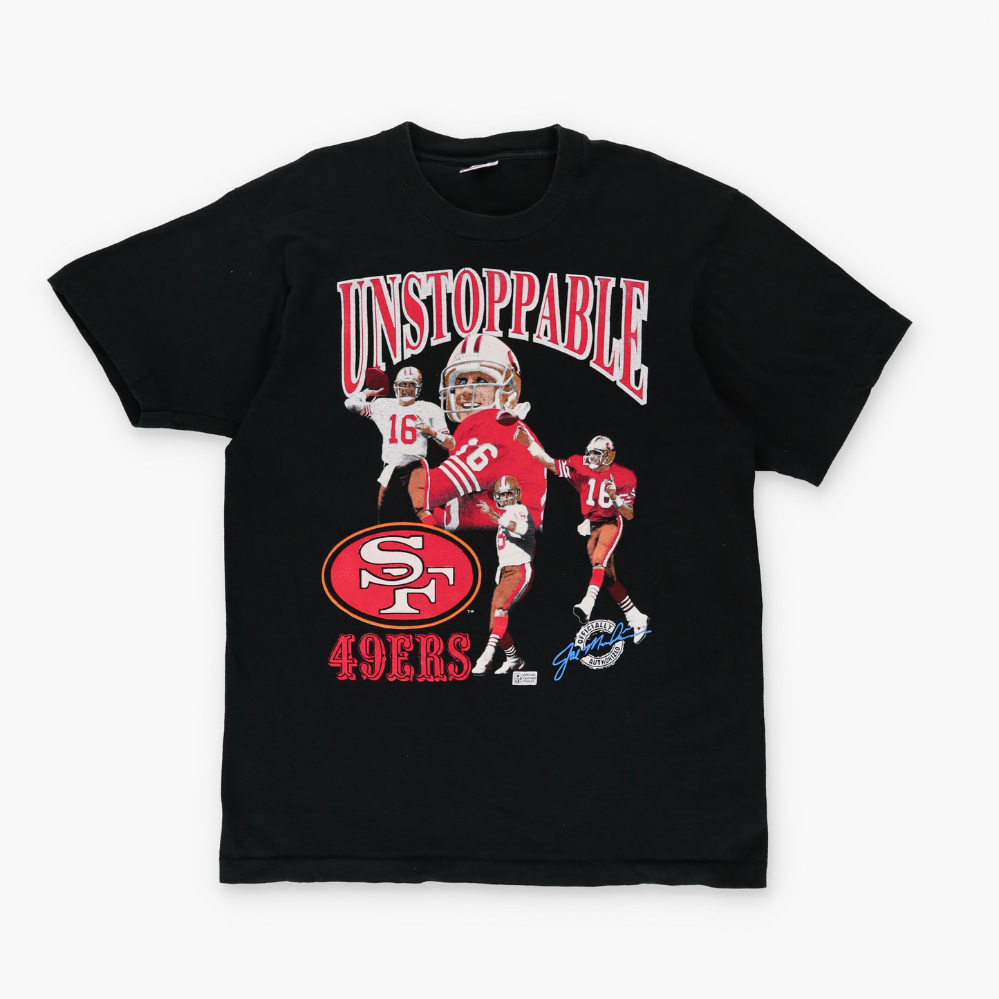 49ERS Joe Montana 'Unstoppable' Single Stitch NFL Black Football T Shirt (XL)