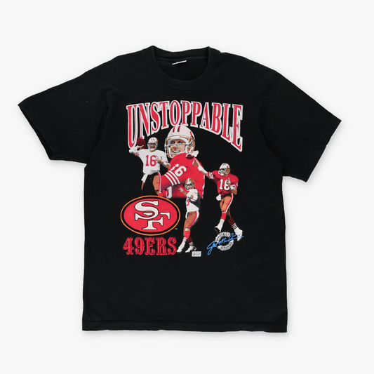 49ERS Joe Montana 'Unstoppable' Single Stitch NFL Black Football T Shirt (XL)