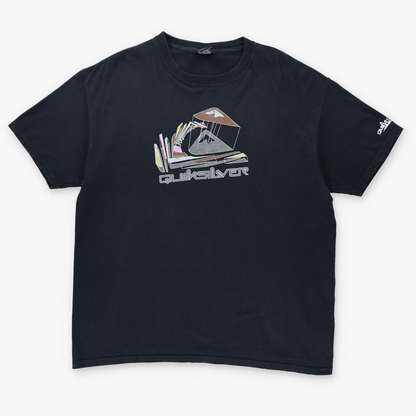 QUICKSILVER Y2K Spell Out Logo Geometric Black Surf Tee (L)
